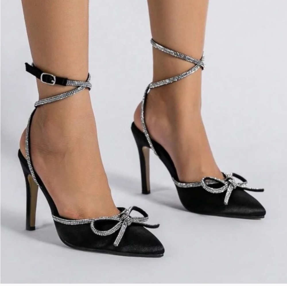 Rhinestone Bow Strappy Heels Pumps Size 36/5.5 - Picture 1 of 16